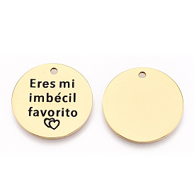 201 Stainless Steel Pendants, Flat Round with Word