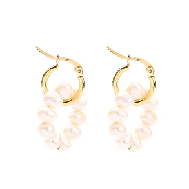 304 Stainless Steel Hoop Earrings, with Natural Cultured Freshwater Pearl Woven Linking Rings, Golden
