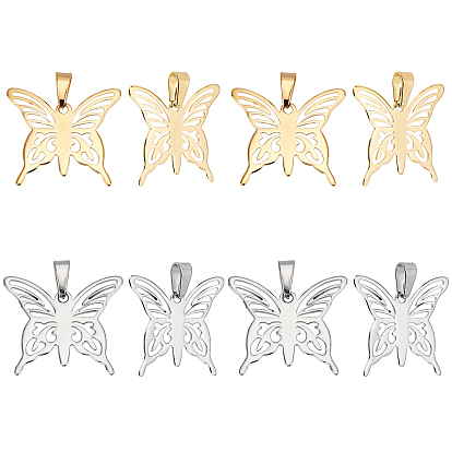 8Pcs 2 Color 304 Stainless Steel Pendants, Butterfly