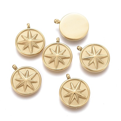 Ion Plating(IP) 304 Stainless Steel Charms, Textured, Flat Round with Star