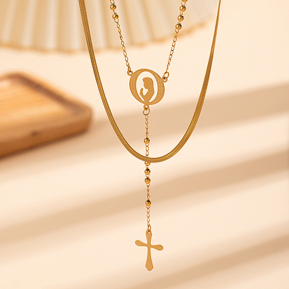 201 цепочка из нержавеющей стали с двумя рядами змеиных костей, портретная кисточка, крестик с подвеской, ожерелья из четок для женщин