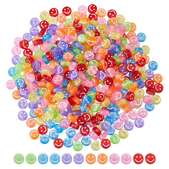 500 шт прозрачные акриловые бусины, плоский круглый с белым улыбающимся лицом