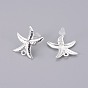 Brass Stud Earring Findings, with Plastic Ear Nuts and Loop, Long-Lasting Plated, Starfish/Sea Stars