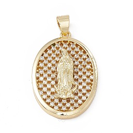 Rack Plating Brass Micro Pave Cubic Zirconia Pendants, Cadmium Free & Lead Free, Long-Lasting Plated, Oval with Religion Virgin Mary Charm