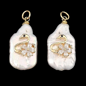 Natürliche barocke Keshi-Perlenanhänger, Rechteckige Anhänger mit Messing-Pavé und klaren Zirkonia-Schwänen, Blumenweiß
