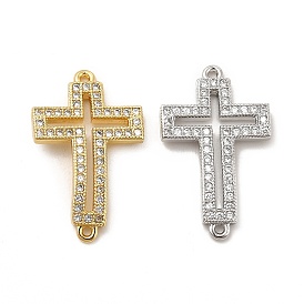 Brass Micro Pave Clear Cubic Zirconia Connector Charms, Religion Cross Links