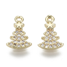 Brass Micro Pave Clear Cubic Zirconia Charms, Nickel Free, Christmas Trees