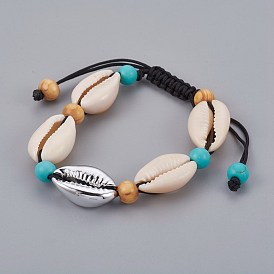 Bracelets réglables en nylon avec cordon de nylon, avec des perles de cauris et des perles de coquille de mer galvanisées, Perle en bois, turquoise synthétique