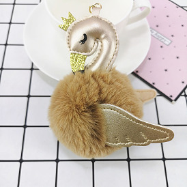 Soft and Stylish Faux Rabbit Fur Bag Charm with PU Swan Feather Pom-pom Keychain for Women