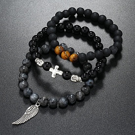 3шт. браслеты из натуральных драгоценных камней с бусинами для мужчин, крест и крыло