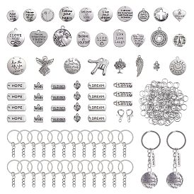 Kit de fabrication de porte-clés à breloque mot de motivation bricolage, y compris les porte-clés en fer, Pendentifs coeur et plat en alliage de style tibétain rond et ovale et aile et ange et geste