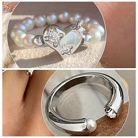 Bague en perles d'imitation en plastique avec strass en cristal, bijoux en laiton platine pour femme