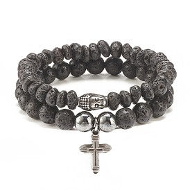 2Pcs 2 Style Natural Lava Rock & Synthetic Hematite Stretch Bracelets Set with 304 Stainless Steel Buddhist Head & Cross, Essential Oil Gemstone Jewelry for Women