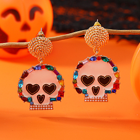 Colorful Halloween Skull Stud Earrings, with Rhinestones and Exaggerated Features