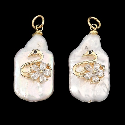 Natürliche barocke Keshi-Perlenanhänger, Rechteckige Anhänger mit Messing-Pavé und klaren Zirkonia-Schwänen, Blumenweiß