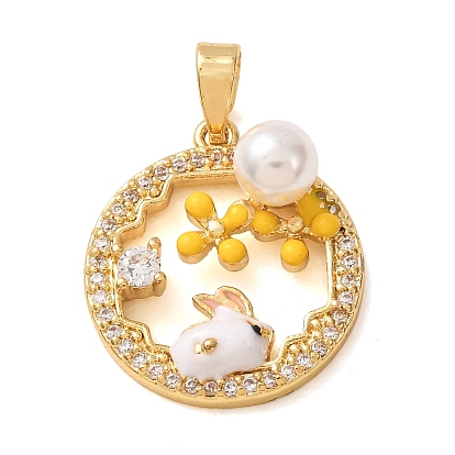 Brass Rhinestone Pendants, Round with Rabbit Charms, with Enamel & Plastic Bead