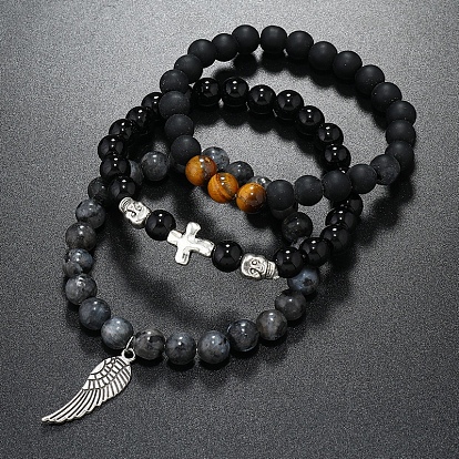 3шт. браслеты из натуральных драгоценных камней с бусинами для мужчин, крест и крыло