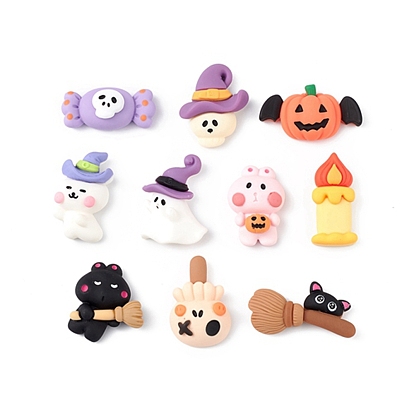 Halloween Theme Opaque Resin Cabochons, Rabbit/Little Black Cat/Candle/Bat Wing Pumpkin/Skull/Ghost, for Jewelry Making