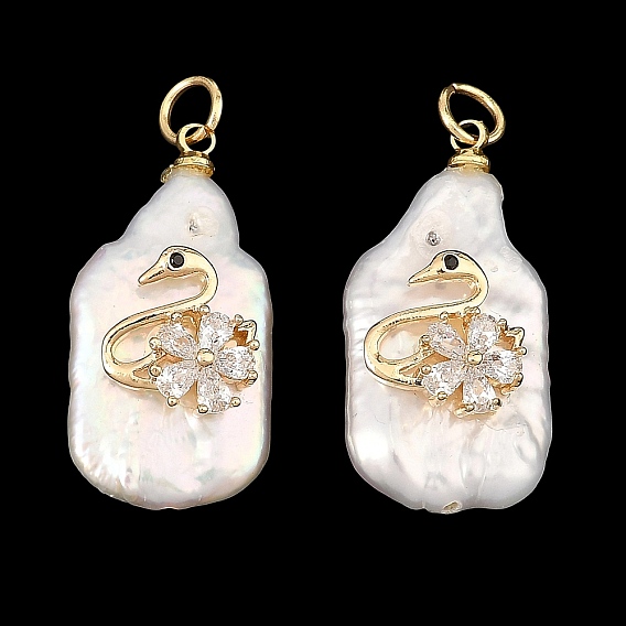 Natural Baroque Keshi Pearl Pendants, Rectangle Charms with Brass Pave Clear Cubic Zirconia Swan, Floral White