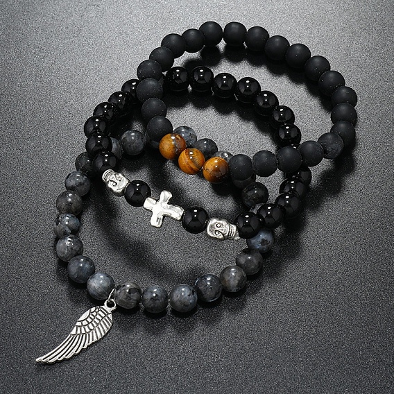 3шт. браслеты из натуральных драгоценных камней с бусинами для мужчин, крест и крыло