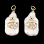 Natural Baroque Keshi Pearl Pendants, Rectangle Charms with Brass Pave Clear Cubic Zirconia Swan, Floral White