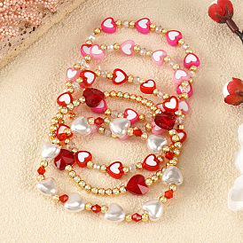3 шт. 3 стили богемный стиль набор браслетов в форме сердца, включая эластичный браслет с искусственным жемчугом и латунными бусинами, а также эластичный браслет с акриловыми и латунными бусинами