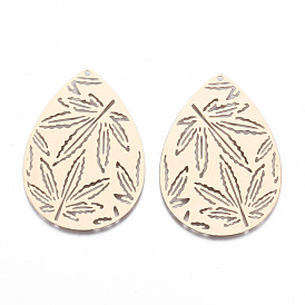 Autumn Theme Brass Pendants, Etched Metal Embellishments, Long-Lasting Plated, Hollow Out Teardrop with Maple Leaf