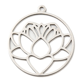 201 Stainless Steel Pendants, Laser Cut, Flat Round with Lotus Charm