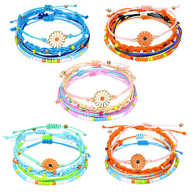 Boho Style Handmade Beaded Bracelet Set with Flower Charm - 4 Pieces