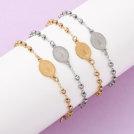 Религия 304 браслеты из нержавеющей стали, браслеты из круглых бусин для женщин, овал со святой/Девой Марией и крестом