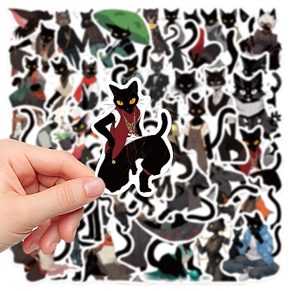 50Pcs Black Cat PVC Waterproof Sticker Labels, Self-adhesion, for Suitcase, Skateboard, Refrigerator, Helmet, Mobile Phone Shell