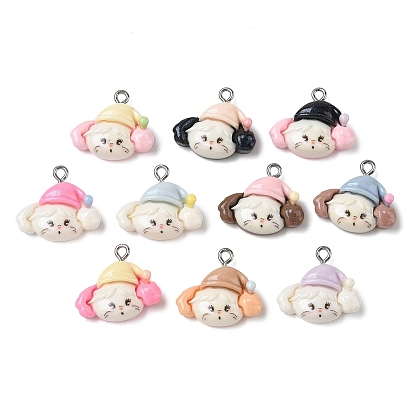 Подвески из непрозрачной смолы и блестящей пудры, кот с ночным колпаком в качестве украшения, с петлей из нержавеющей стали, цвет нержавеющей стали