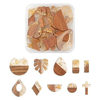 20Pcs 10 Style Resin & Walnut Wood Pendants, with Foil, Waxed