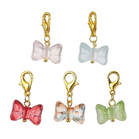 Glass Bowknot Pendant Decorations, with Alloy Lobster Claw Clasps