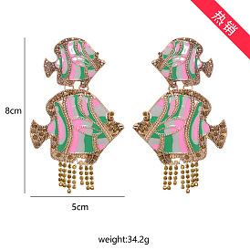 Sparkling Rhinestone Dangle Earrings with Tassel for Women - Exaggerated Fang Fish Design