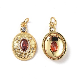 Brass Micro Pave Clear Cubic Zirconia Pendants, with Glass and Jump Ring, Oval with Star Charm