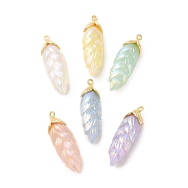 Rainbow Iridescent Plating Resin Pendants, Glitter Leaf Charms with Golden Plated Alloy Findings