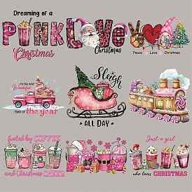 Christmas Theme Pink Style Plastic Heat Transfer Film Logo Stickers Set, for DIY T-Shirt, Bags, Hats, Jackets