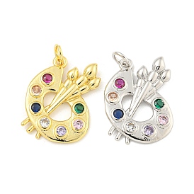 Rack Plating Brass Pave Colorful Cubic Zirconia Pendants, Painting Palette Charms with Jump Ring, Long-Lasting Plated, Cadmium Free & Lead Free