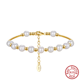 Natural Pearl & 925 Sterling Silver Curved Tube Beaded Bracelet, with S925 Stamp