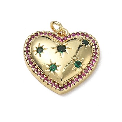 Brass Micro Pave Colorful Cubic Zirconia Pendants, Heart Charms, Long-Lasting Plated, Rack Plating, Lead Free & Cadmium Free