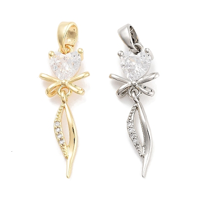 Brass with Clear Cubic Zirconia Pendants, Cadmium Free & Nickel Free & Lead Free, Heart with Leaf Charms