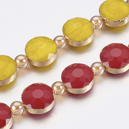 Perles verre opaque brins, avec les accessoires en laiton, facette, plat rond