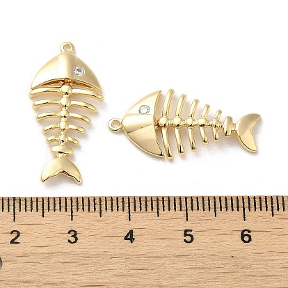 Brass Micro Pave Clear Cubic Zirconia Pendants, Fishbone Charm