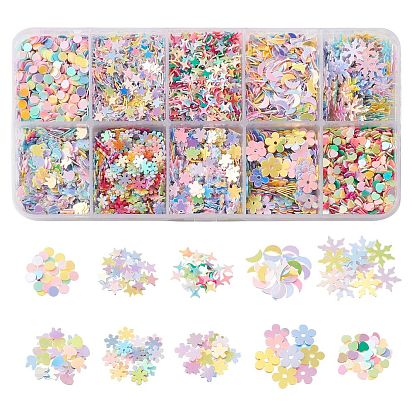 10 стили макарон цветной орнамент аксессуары, пластиковые пайетки / блестки из пвх, с покрытием AB цвета, плоский круглый/звезда/цветок