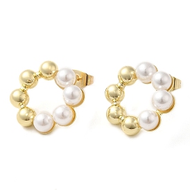Rack Plating Brass Hollow Ring Stud Earrings with ABS Plastic Imitation Pearl Beaded