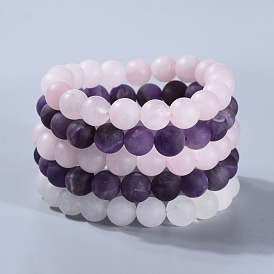 Perles de pierres précieuses naturelles s'étendent bracelets, avec jade blanc naturel, quartz rose naturel givré et améthyste naturelle givrée, boite d'emballage