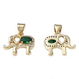 Brass Micro Pave Cubic Zirconia Pendants, with Brass Snap on Bails, Nickel Free, Real 18K Gold Plated, Elephant