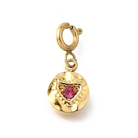 Плоская круглая подвеска с сердцем 304 из нержавеющей стали со стразами, с застежками пружинного кольца, ионное покрытие (ip)