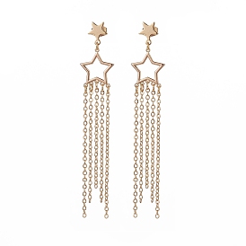 Brass Star with Tassel Dangle Chandelier Earrings, 304 Stainless Steel Long Drop Earrings for Women